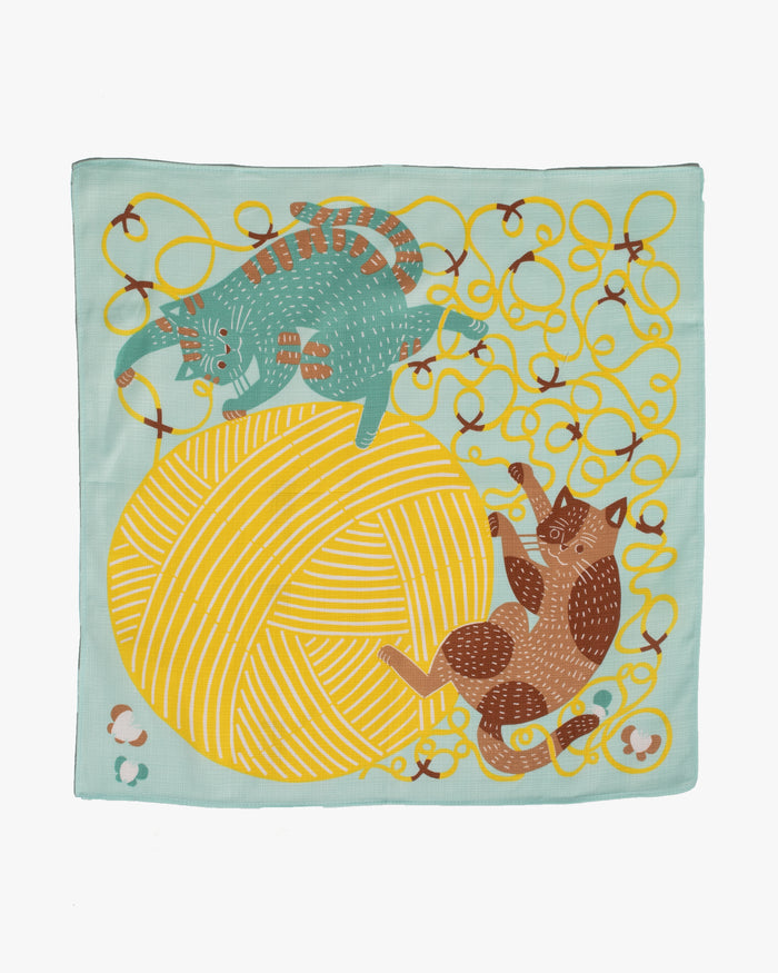 Modern Furoshiki, Musubi Organic, Kata Kata, Cat & Yarn, Light Green 19.5" x 19.5"