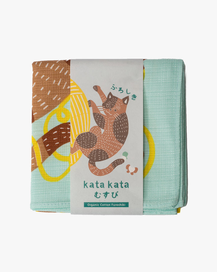 Modern Furoshiki, Musubi Organic, Kata Kata, Cat & Yarn, Light Green 19.5" x 19.5"