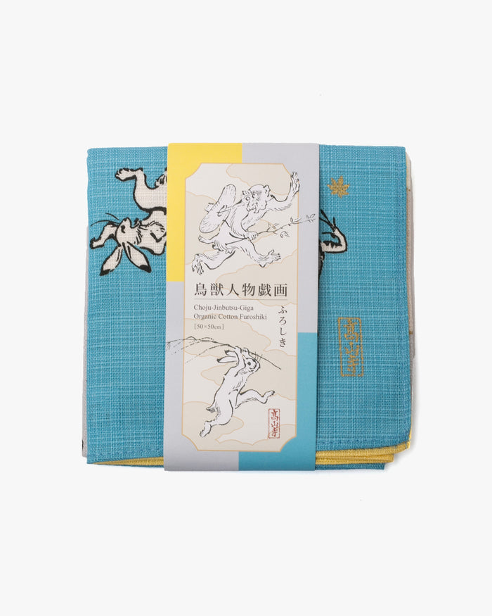 Modern Furoshiki, Musubi, Reversible, Choju Jinbutsu Giga, Yellow and Blue, 19.5" x 19.5"