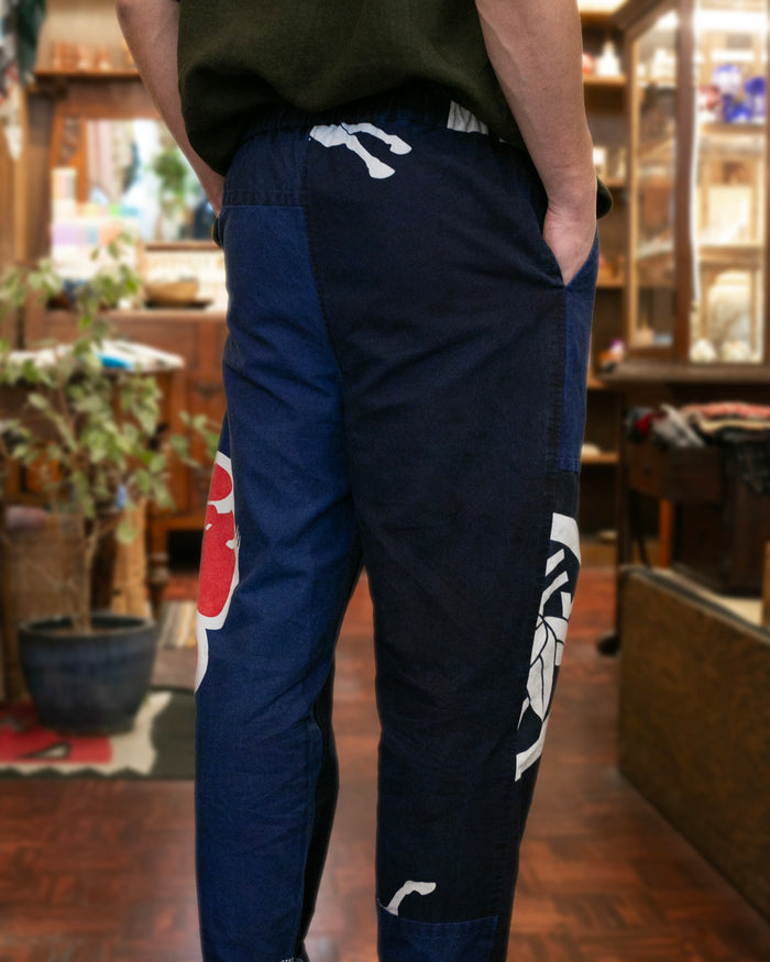 Modern Monpe Pants, Aizawa, Indigo with Kamon Crest and Shima
