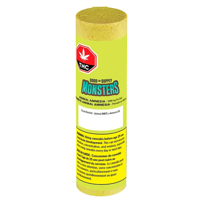 Tall front-facing shot of the bright yellow Monsters Animal Amnesia Infused PR 1 x 2.38 g tube showing the THC symbol, colorful logo and warning label.