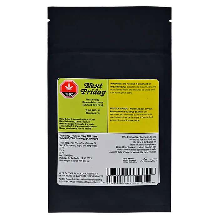 Front view of the black pouch with a yellow label reading Next Friday (Mutant Tire Fire) and dosing and warning text.
