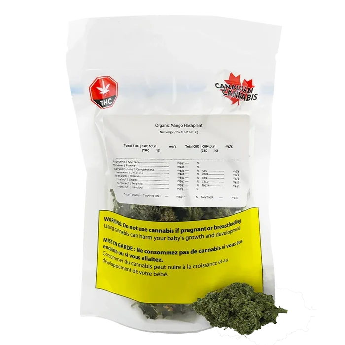 Front-facing image of a clear pouch of Organic Apex Kush showing printed lab info, a red THC symbol, a yellow health warning and loose green buds at the base