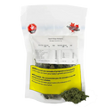 Front-facing image of a clear pouch of Organic Apex Kush showing printed lab info, a red THC symbol, a yellow health warning and loose green buds at the base