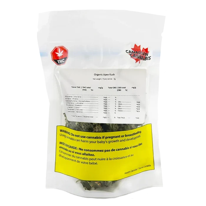 Front-facing shot of a clear pouch labeled Organic Apex Kush showing dried buds through the window, white label details, and a yellow health warning.