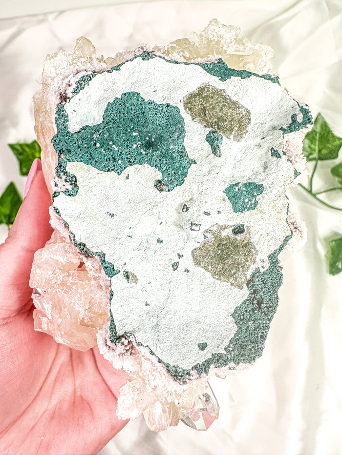Peach Stilbite with Green Apophyllite and Okenite Mineral Specimen #4
