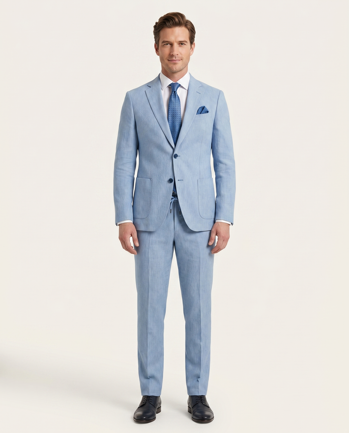 Pierre Carlos Pinstriped Light Blue Slim Fit Stretch Linen Suit with Drawstring Waist