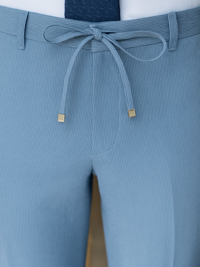 Pierre Carlos Pinstriped Light Blue Slim Fit Stretch Linen Suit with Drawstring Waist