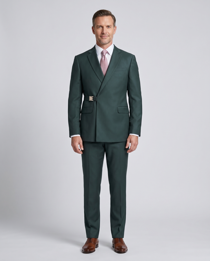 Pierre Carlos Solid Green Slim Fit Double Breasted Stretch Suit with Buckle Closure