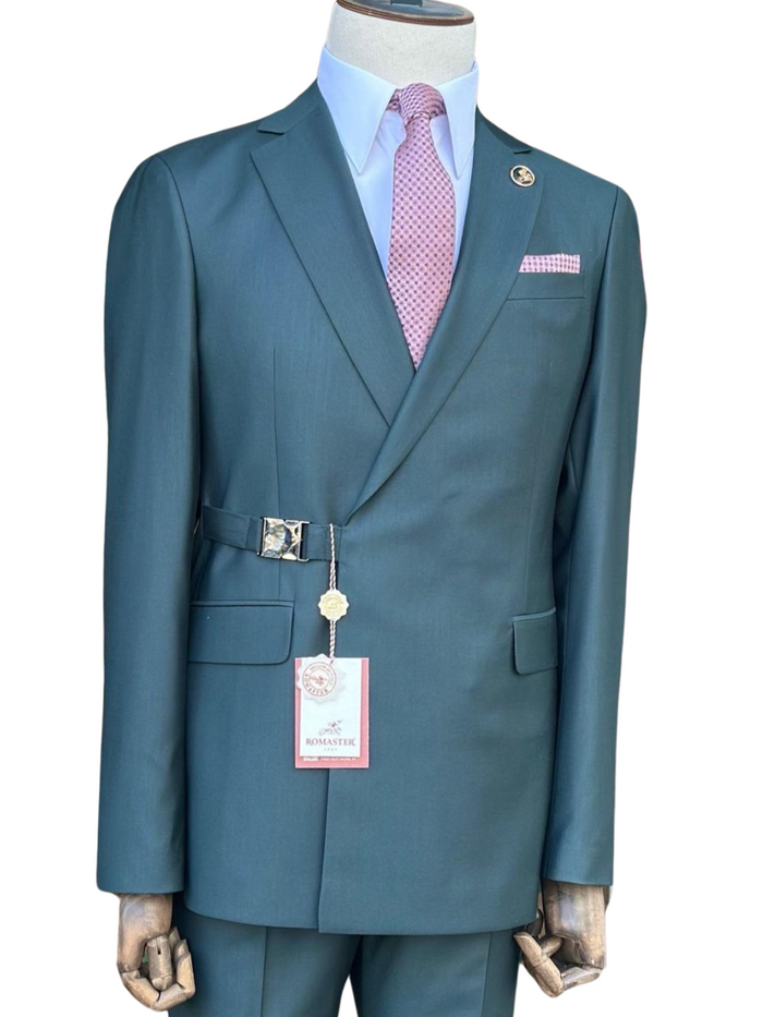 Pierre Carlos Solid Green Slim Fit Double Breasted Stretch Suit with Buckle Closure