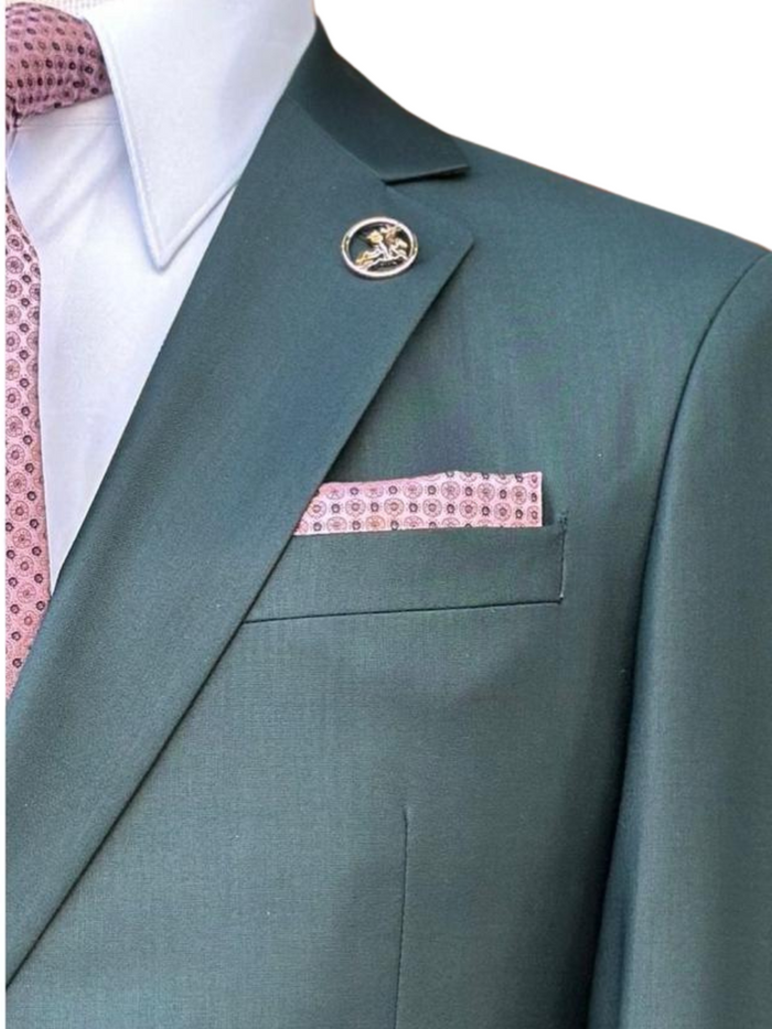 Pierre Carlos Solid Green Slim Fit Double Breasted Stretch Suit with Buckle Closure