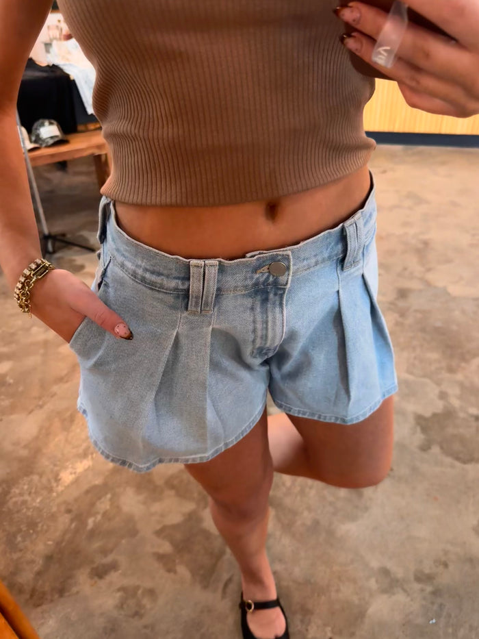 Pleated Denim Bubble Shorts