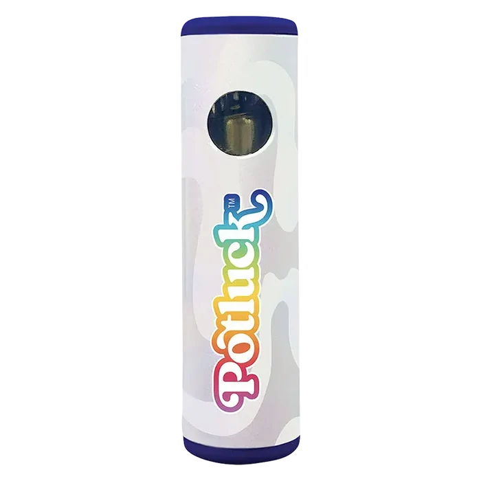 Front view of a white POPZ Blueberry Vanilla Disposable Vape with a rainbow "Popluck" logo and blue caps, photographed on a white background.