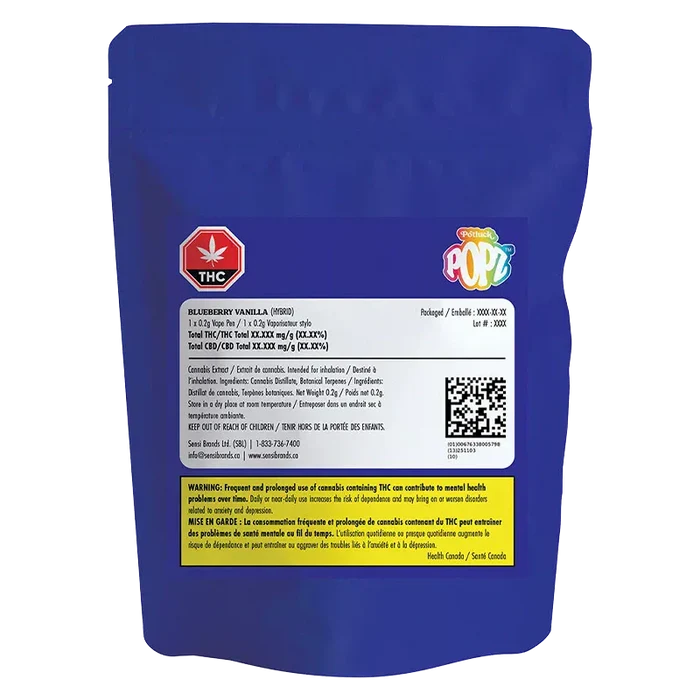 Rear three-quarter view of a blue pouch showing the POPZ Blueberry Vanilla Disposable Vape label, THC emblem, QR code, and warning panel.