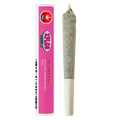 Straight-on view of a pre-roll and pink tube packaging labeled "Rainbow Razz Distillate Infused PR 1 x 1 g" against a white background.
