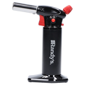 Side profile of Randy's Fahrenheit Butane Torch - Black showing the upright black cylinder with white logo, angled metal nozzle, and red control accents.