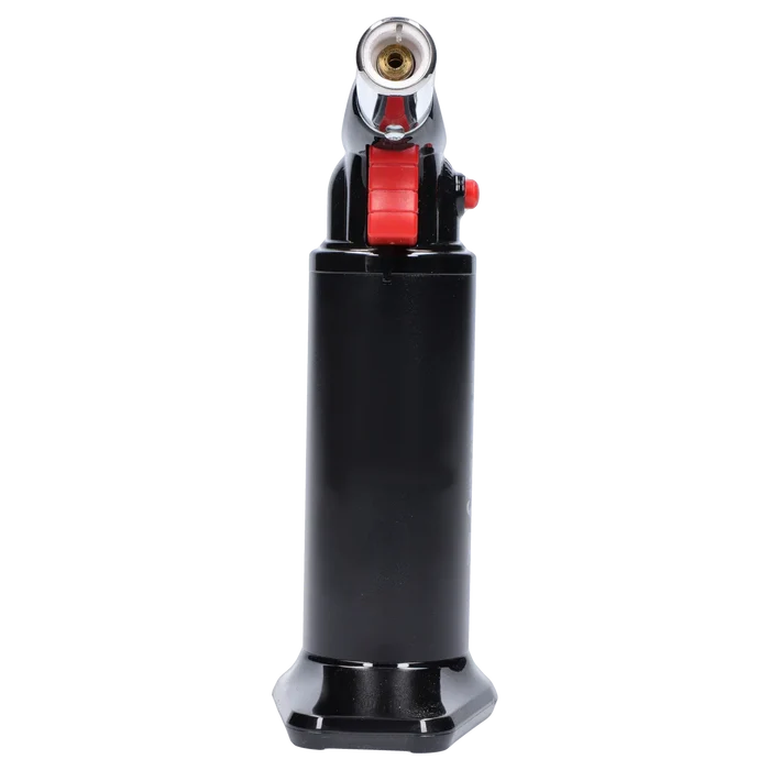 Close-up front view of the black Randy's Fahrenheit Butane Torch - Black showing its red ignition wheel and metallic nozzle.