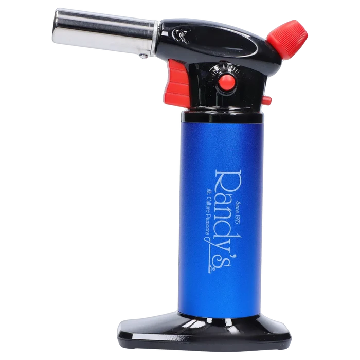 Side view of Randy's Fahrenheit Butane Torch - Blue showing the blue cylindrical body with white logo, black top and base, and red controls.