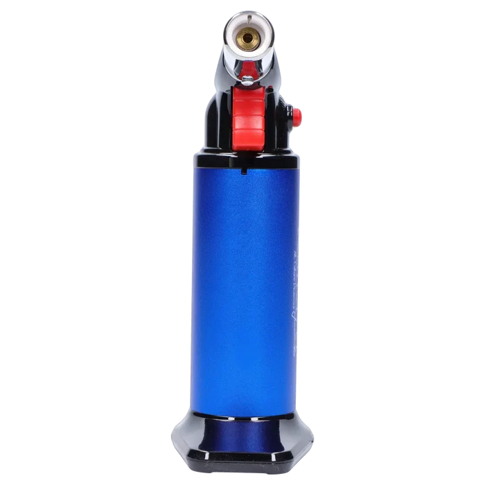 Front-facing close-up of Randy's Fahrenheit Butane Torch - Blue showing its metallic blue cylinder, red ignition wheel and black base against a white background