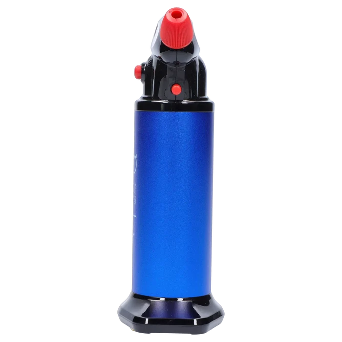 Close-up front view of Randy's Fahrenheit Butane Torch - Blue showing its metallic blue cylindrical body, black glossy top and red nozzle and buttons.