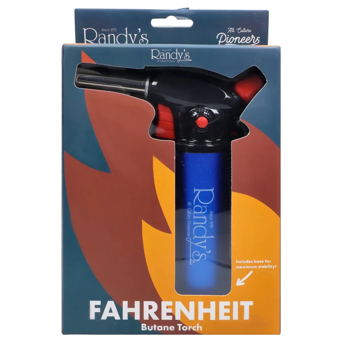 Close-up front view of Randy's Fahrenheit Butane Torch - Blue in its packaging, showing the black nozzle and red controls above the visible blue torch body.