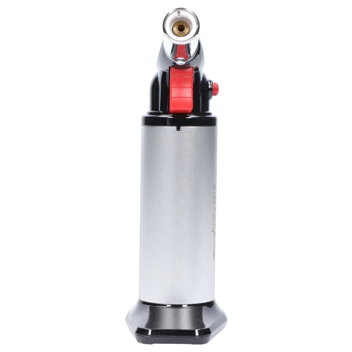 Straight-on view of the silver Randy's Fahrenheit Butane Torch - Silver showing its cylindrical body, red ignition wheel, and chrome nozzle against a white background