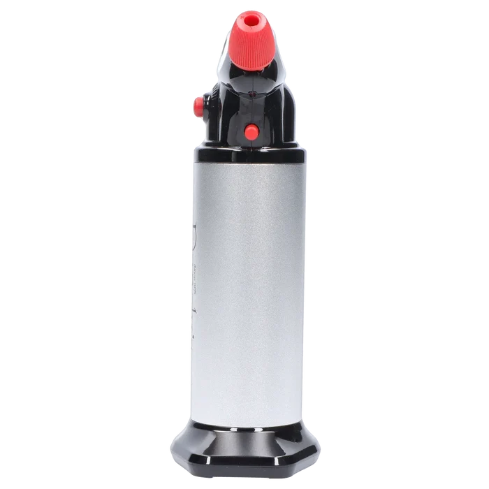 Close-up front view of Randy's Fahrenheit Butane Torch - Silver showing the silver cylindrical body, black top and base, and red nozzle and control buttons.
