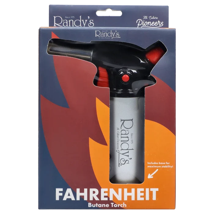 Front-facing view of Randy's Fahrenheit Butane Torch - Silver in its colorful blue and orange retail box, top nozzle and silver canister visible.