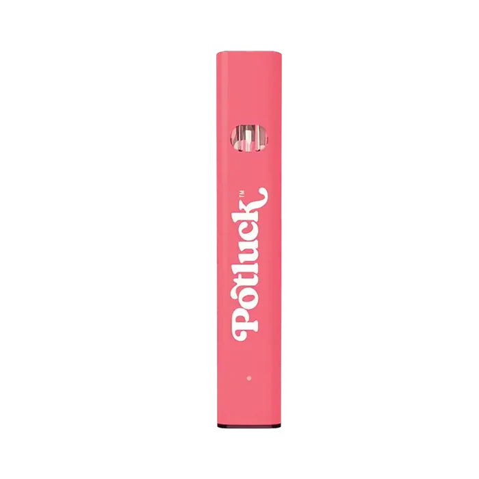 Straight-on view of a coral-pink Potluck Razzberry Bliss CBN Disposable Vape standing upright against a white background.