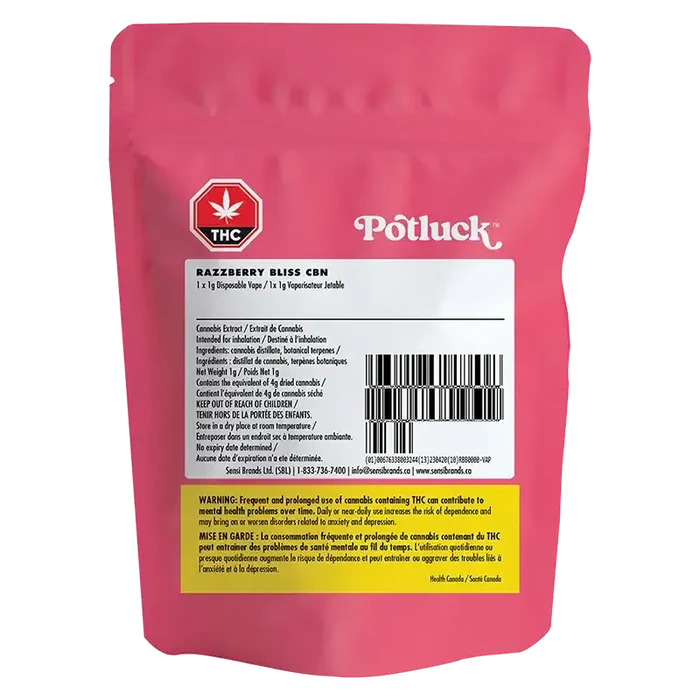 Rear view of the pink pouch packaging showing the Potluck Razzberry Bliss CBN Disposable Vape label, barcode and THC warning.