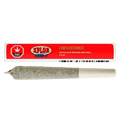 Horizontal studio shot of a Red Hawaiian Distillate Infused PR 1 x 1 g joint centered below its red XPLOR Level X branded tube, both on white.