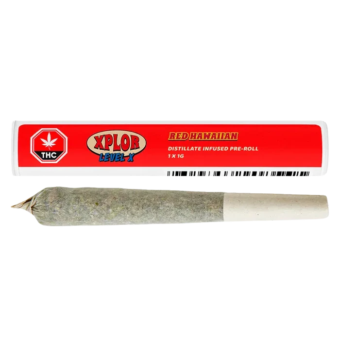 Horizontal studio shot of a Red Hawaiian Distillate Infused PR 1 x 1 g joint centered below its red XPLOR Level X branded tube, both on white.