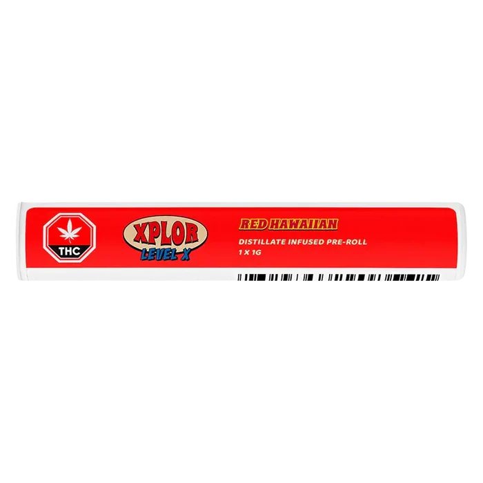 Horizontal close-up of the Red Hawaiian Distillate Infused PR 1 x 1 g tube showing a bright red label with XPLOR logo and THC symbol.