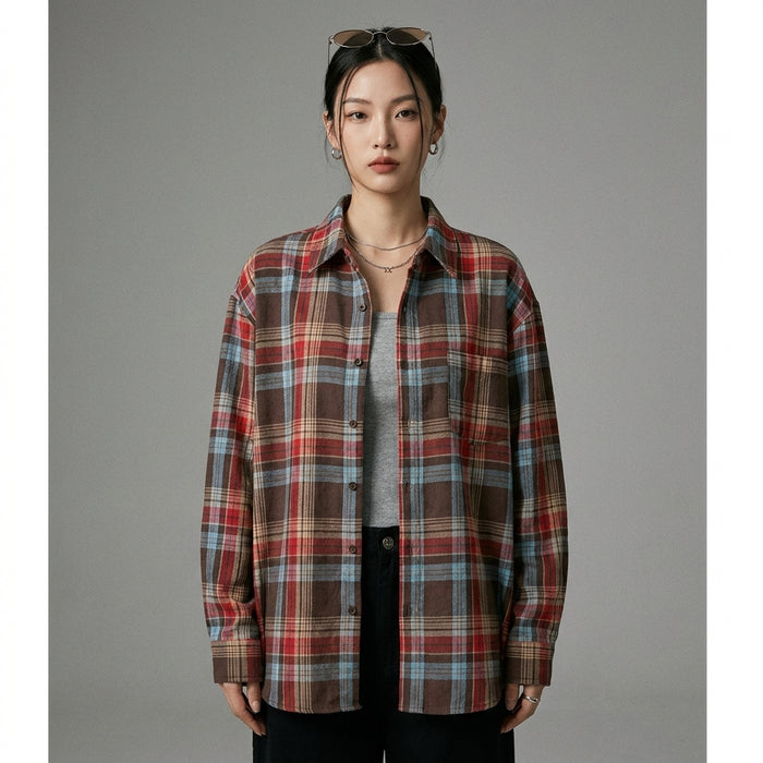 Chemise à carreaux oversize rouge et noire - K-fashion femme décontractée - Taille S