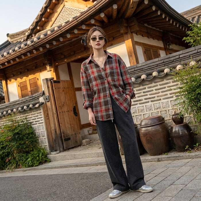 Chemise à carreaux oversize rouge et noire - K-fashion femme décontractée