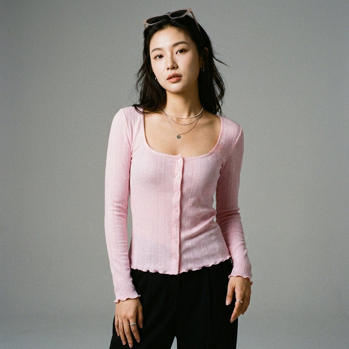 Top rose à manches longues et col carré pour femme - Koreanxwear - Taille S