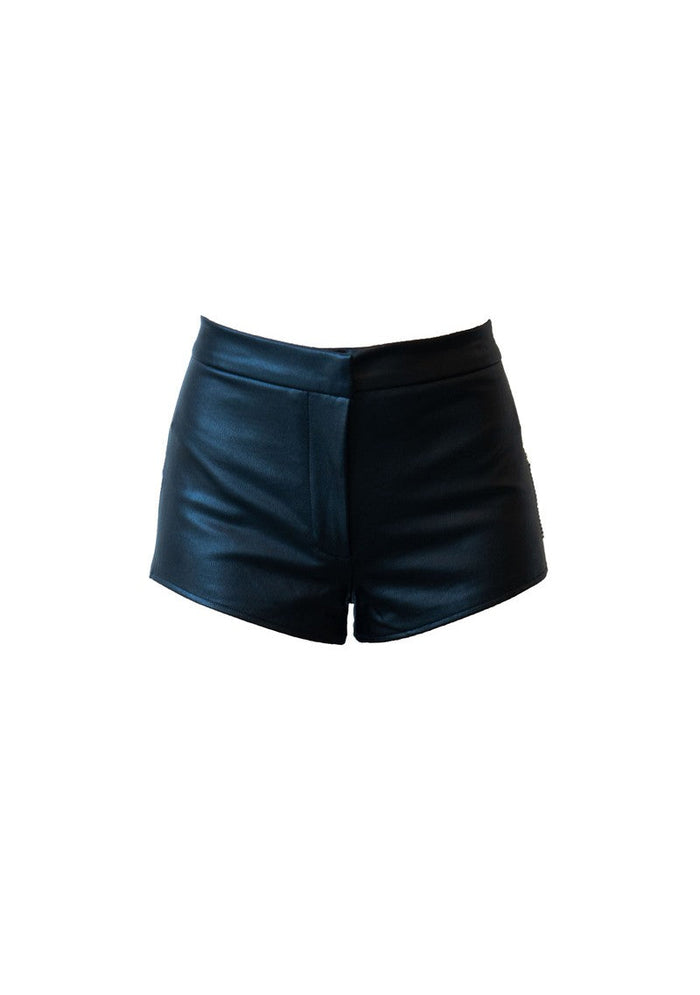Rhinestone-Fringe Faux Leather Shorts