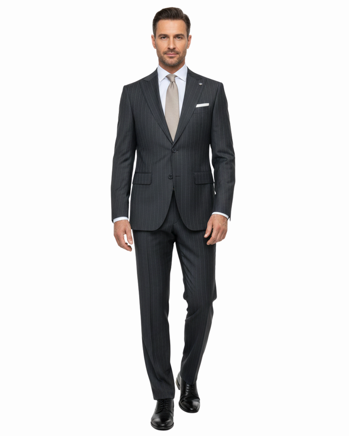 Romaster Men’s Black Pinstripe Slim Fit Peak Lapels Stretch Wool Blend Suit