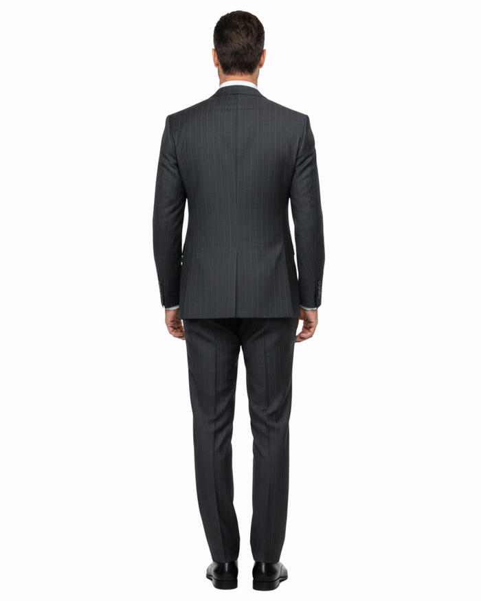 Romaster Men’s Black Pinstripe Slim Fit Peak Lapels Stretch Wool Blend Suit