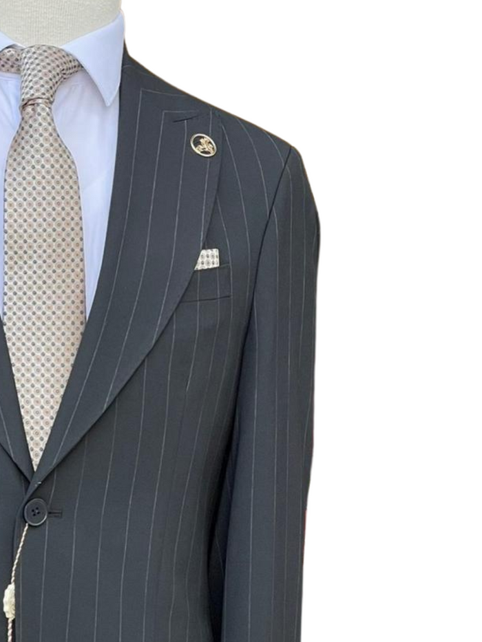 Romaster Men’s Black Pinstripe Slim Fit Peak Lapels Stretch Wool Blend Suit