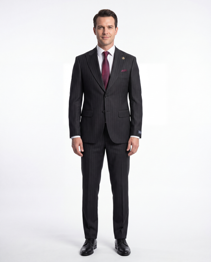 Romaster Men’s Black Pinstripe Slim Fit Peak Lapels Stretch Wool Suit