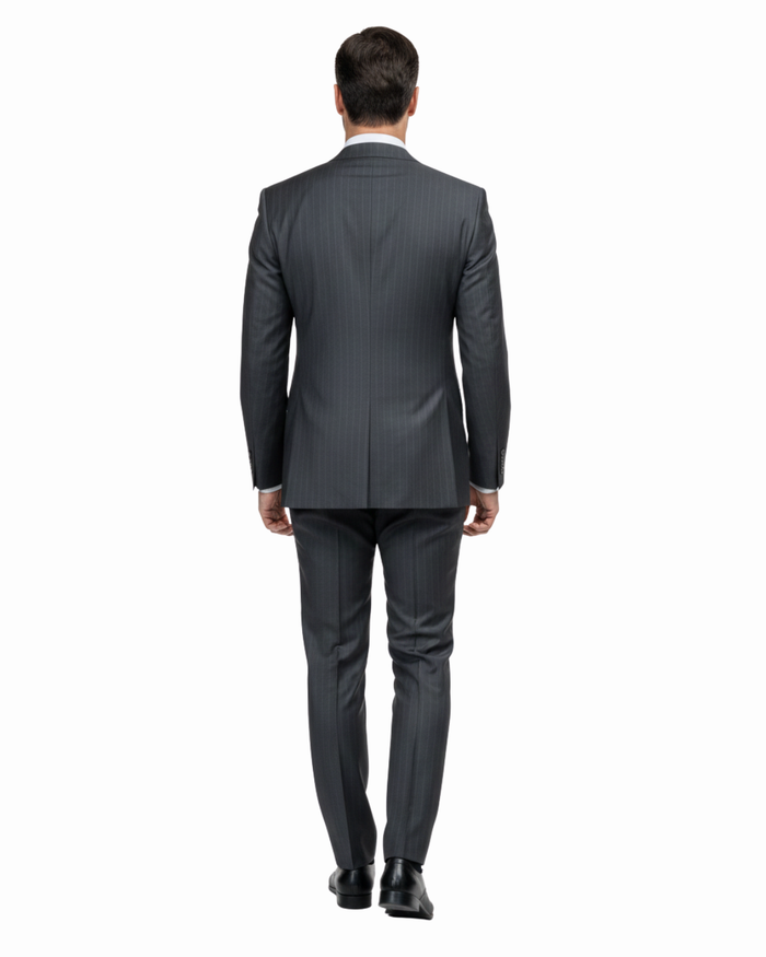 Romaster Men’s Black Pinstripe Slim Fit Peak Lapels Stretch Wool Suit