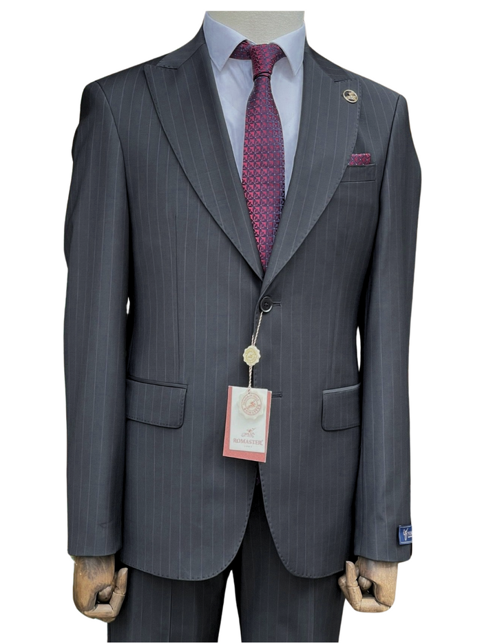 Romaster Men’s Black Pinstripe Slim Fit Peak Lapels Stretch Wool Suit