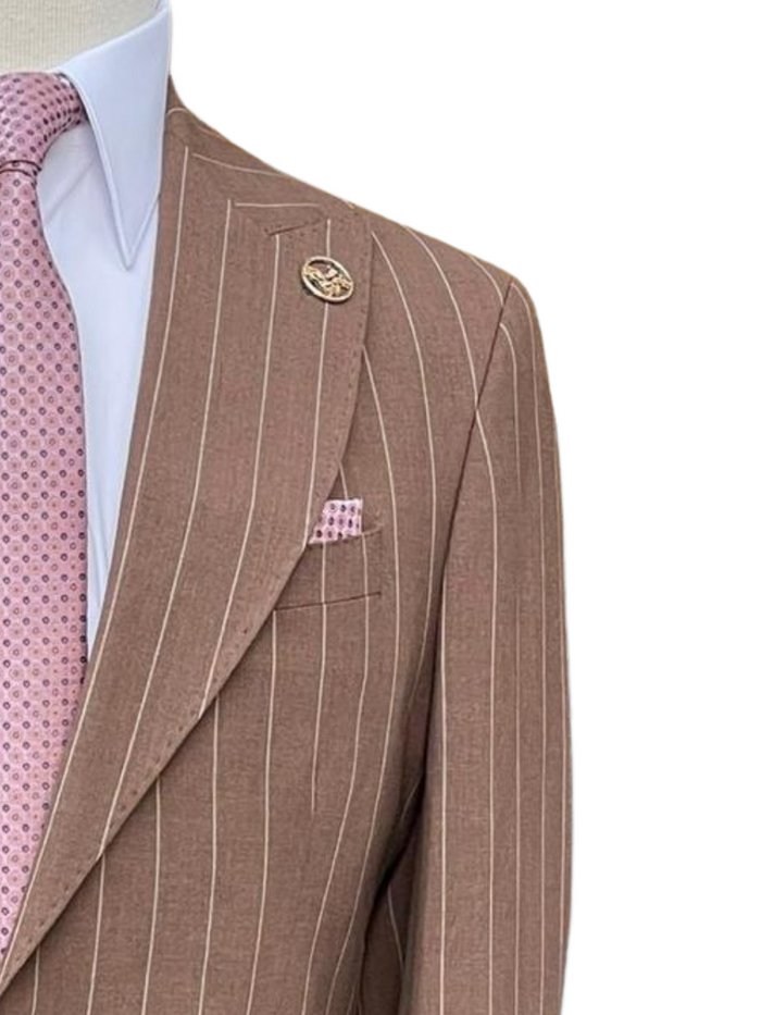 Romaster Men’s Brown Pinstripe Slim Fit Peak Lapels Stretch Wool Blend Suit