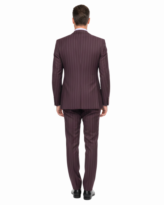 Romaster Men’s Burgundy Pinstripe Slim Fit Peak Lapels Stretch Wool Blend Suit