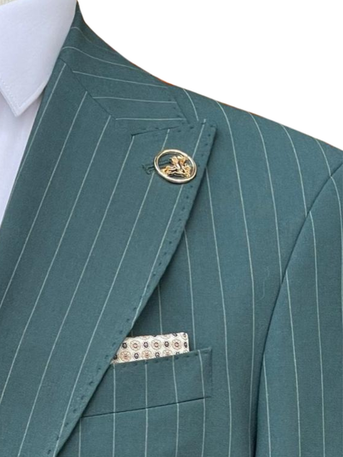 Romaster Men’s Green Pinstripe Slim Fit Peak Lapels Stretch Wool Blend Suit - The Suit Depot