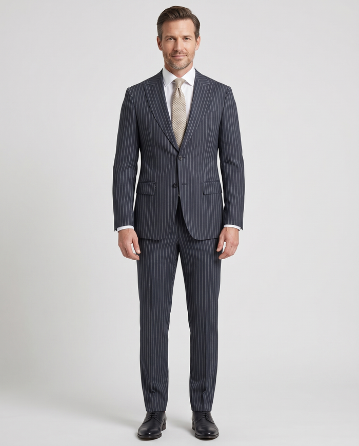 Romaster Men’s Navy Pinstripe Slim Fit Peak Lapels Stretch Wool Blend Suit