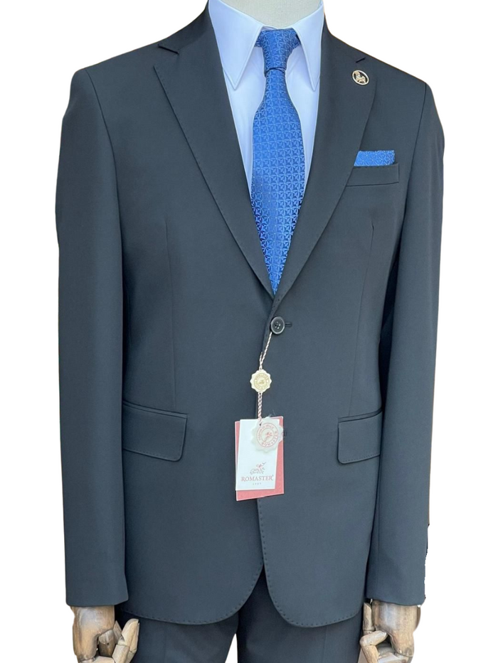 Romaster Mens Solid Black Notch Lapel Slim Fit Stretch Wool Blend suit