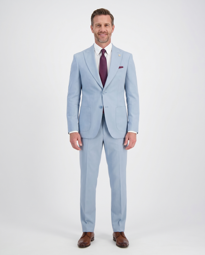 Romaster Men’s Solid Light Blue Slim Fit Peak Lapels Stretch Wool Suit