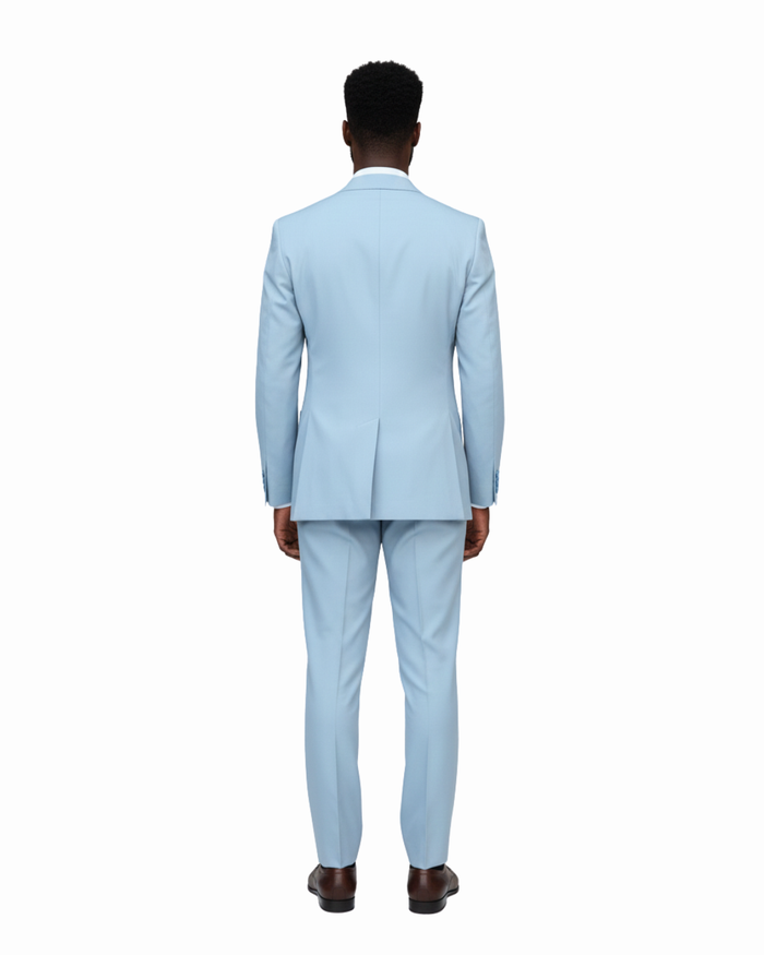 Romaster Men’s Solid Light Blue Slim Fit Peak Lapels Stretch Wool Suit